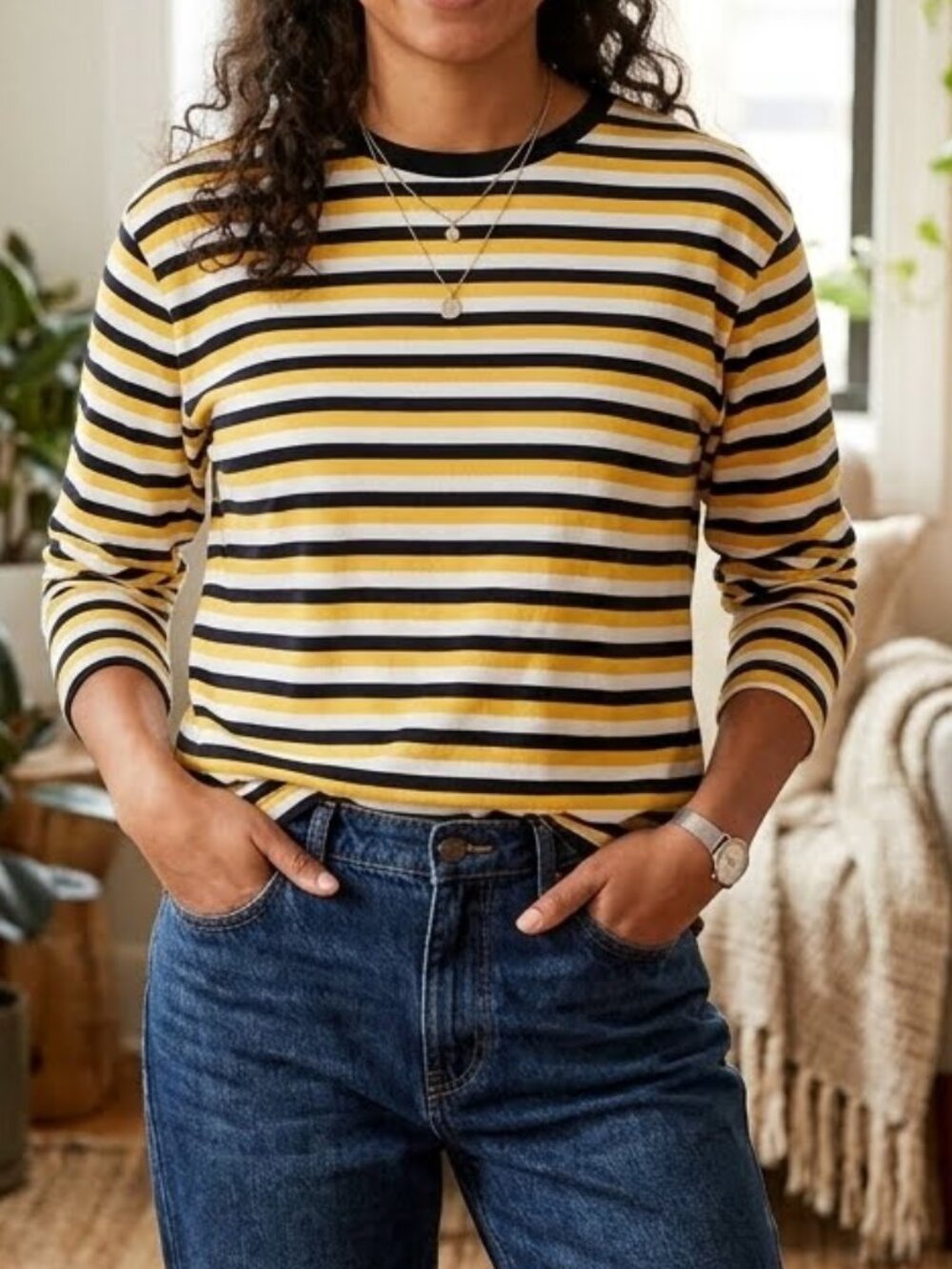 Women's Long Sleeved Striped T-Shirt Top Casual Size L Crew Neck